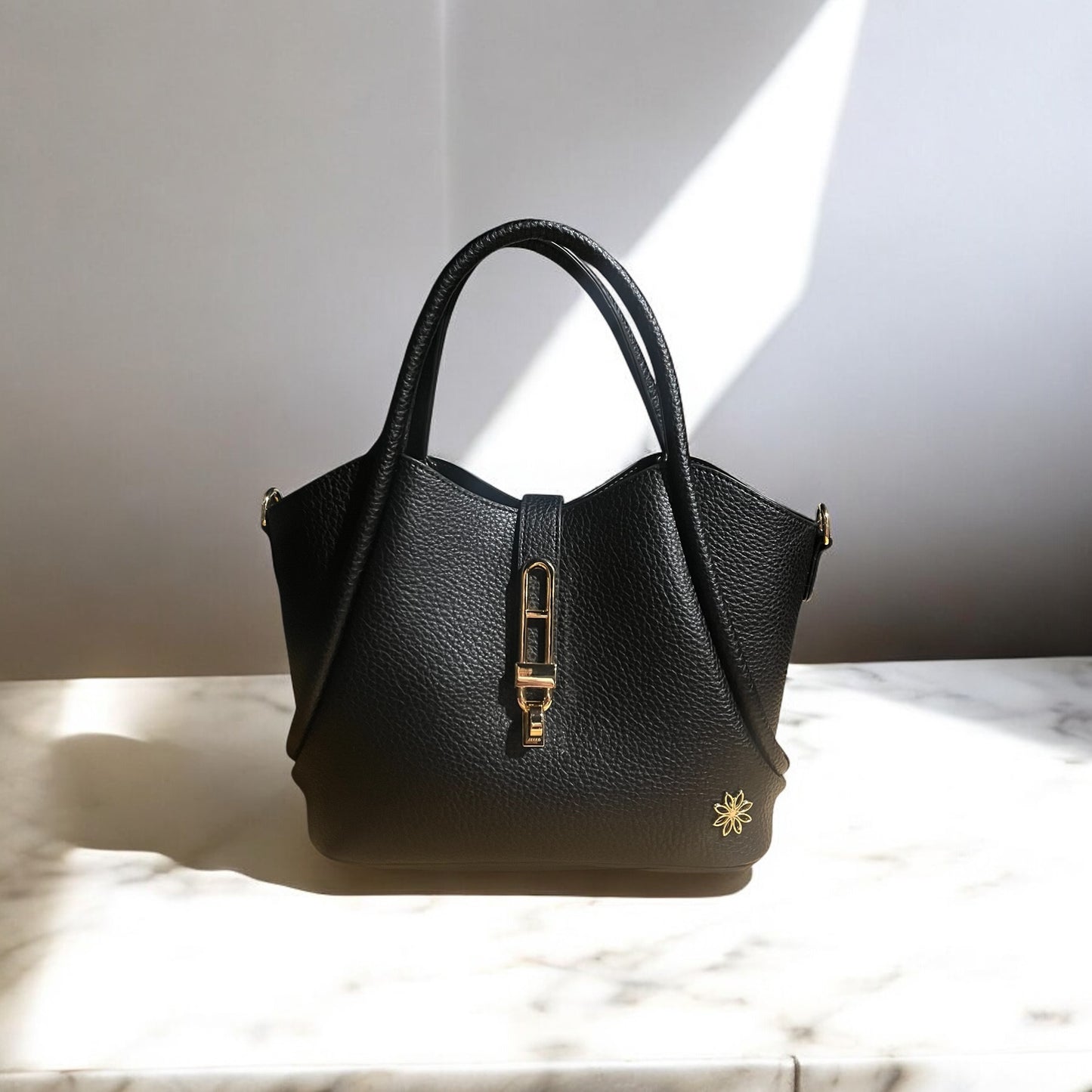 Leather Handbag with Crossbody Strap in Black