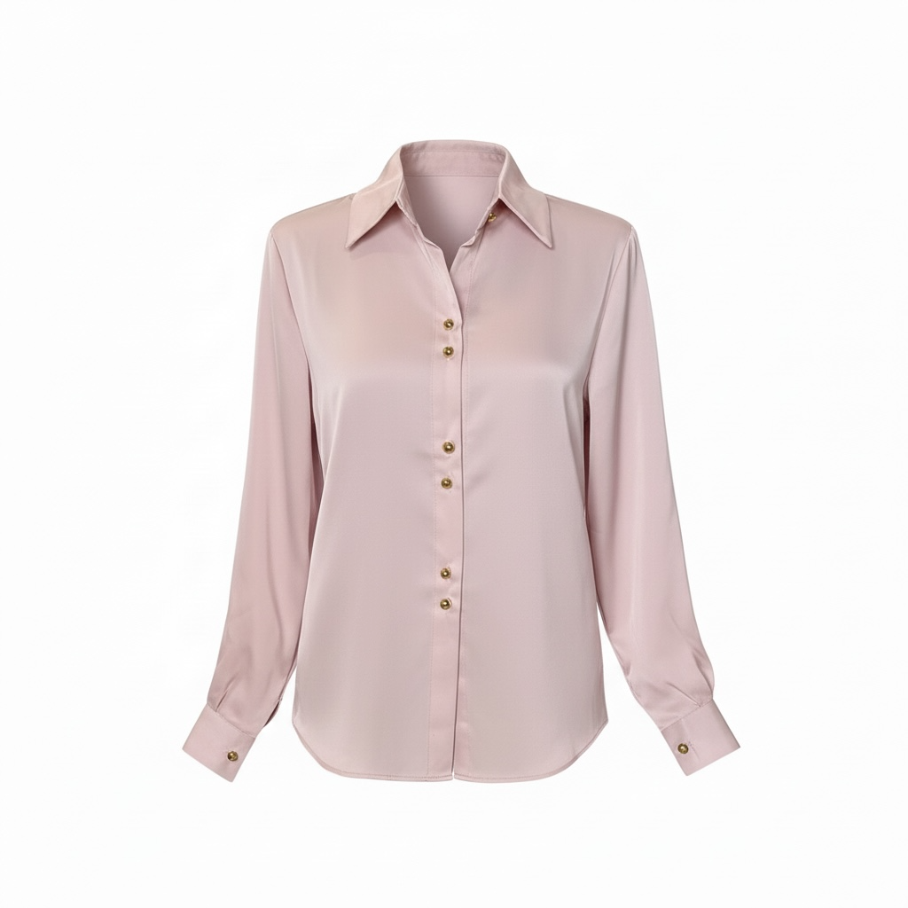 Blush pink wrinkle-resistant Claire Flowers button-up shirt with classic collar and front button closure, shown flat-lay, available in sizes Small, Medium, and Large, machine washable and dryer safe.