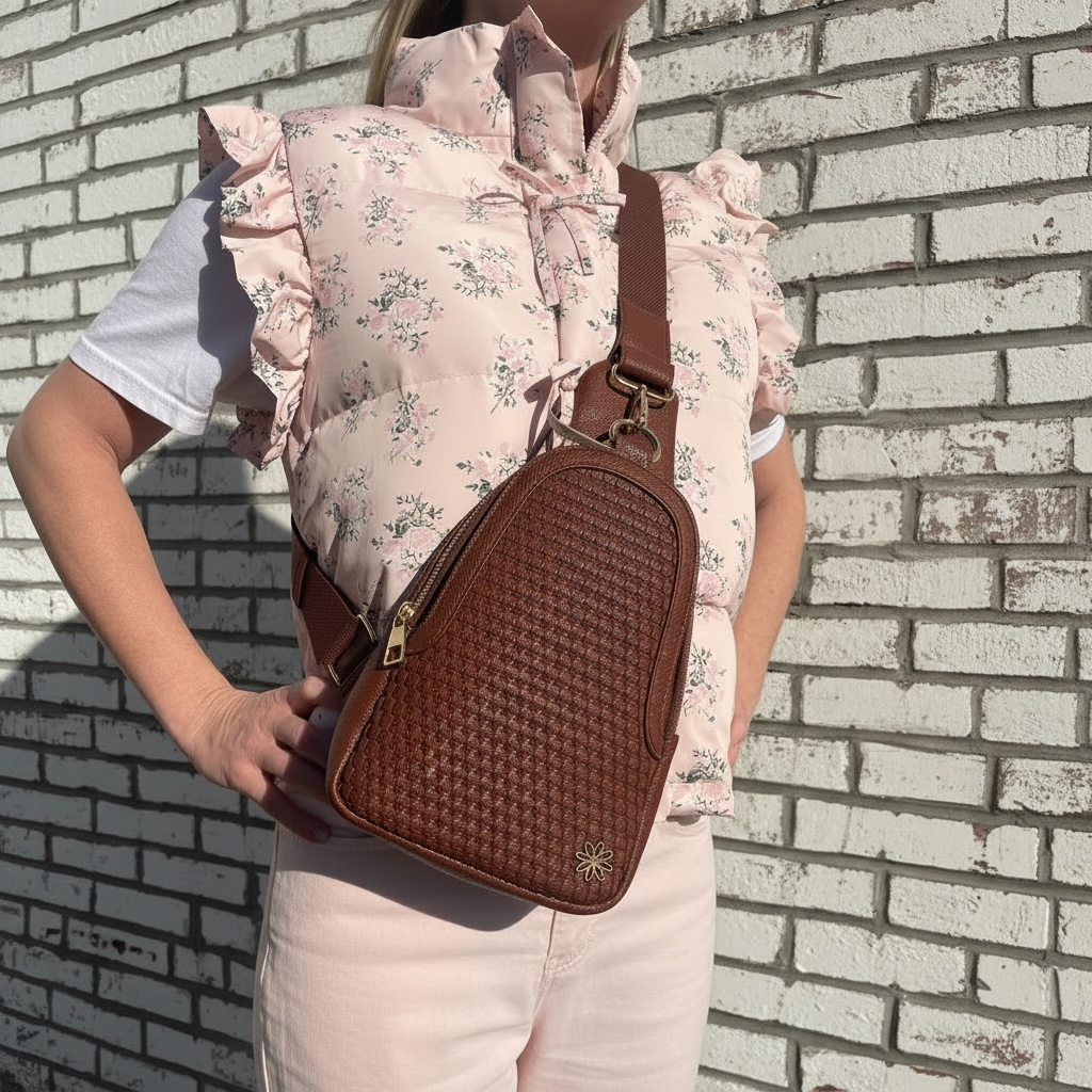 Brown woven leather crossbody