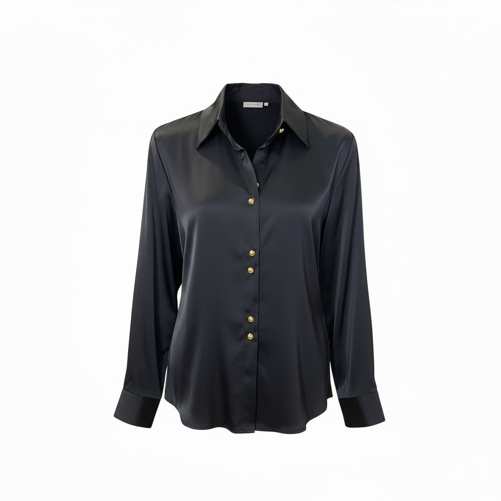 Claire Flowers black wrinkle-resistant button-up shirt with gold buttons, classic collar, and front button closure, shown flat-lay, available in sizes Small, Medium, and Large, machine washable and dryer safe.