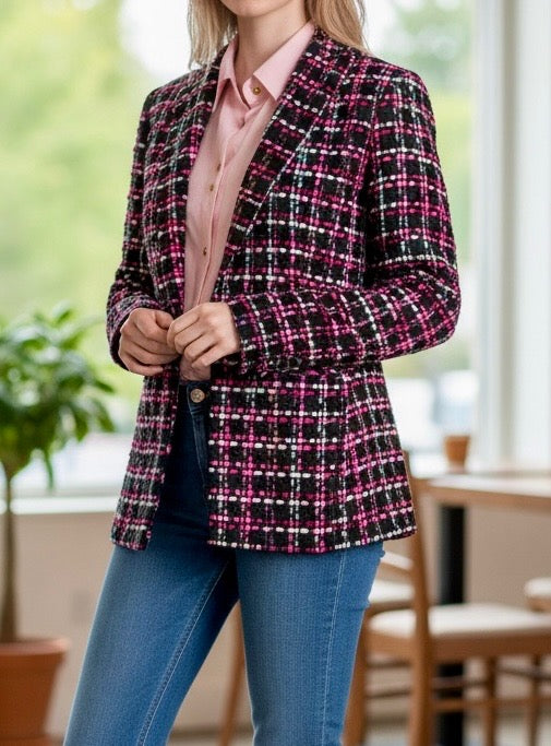 Claire Flowers blackberry bouclé blazer with black, deep pink, and ivory woven texture, tailored fit, and notched lapel for a bold, feminine look.