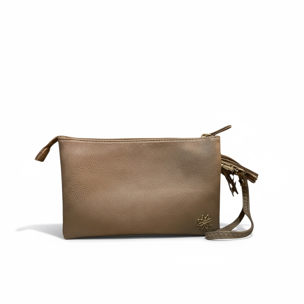 Taupe brown Claire Flowers convertible crossbody and wristlet bag with a structured silhouette, gold hardware, and detachable strap, approximately 9 x 6 x 2 inches. Features a zip-top closure and signature blue-and-white striped interior lining with one zippered pocket and two open slip pockets, designed for everyday essentials and effortless day-to-night wear.
