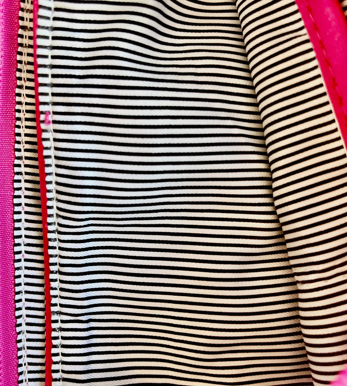 Interior of the Claire Flowers crossbody bag featuring blue and white pinstripe lining with one zippered pocket and two open slip pockets for organized storage of everyday essentials