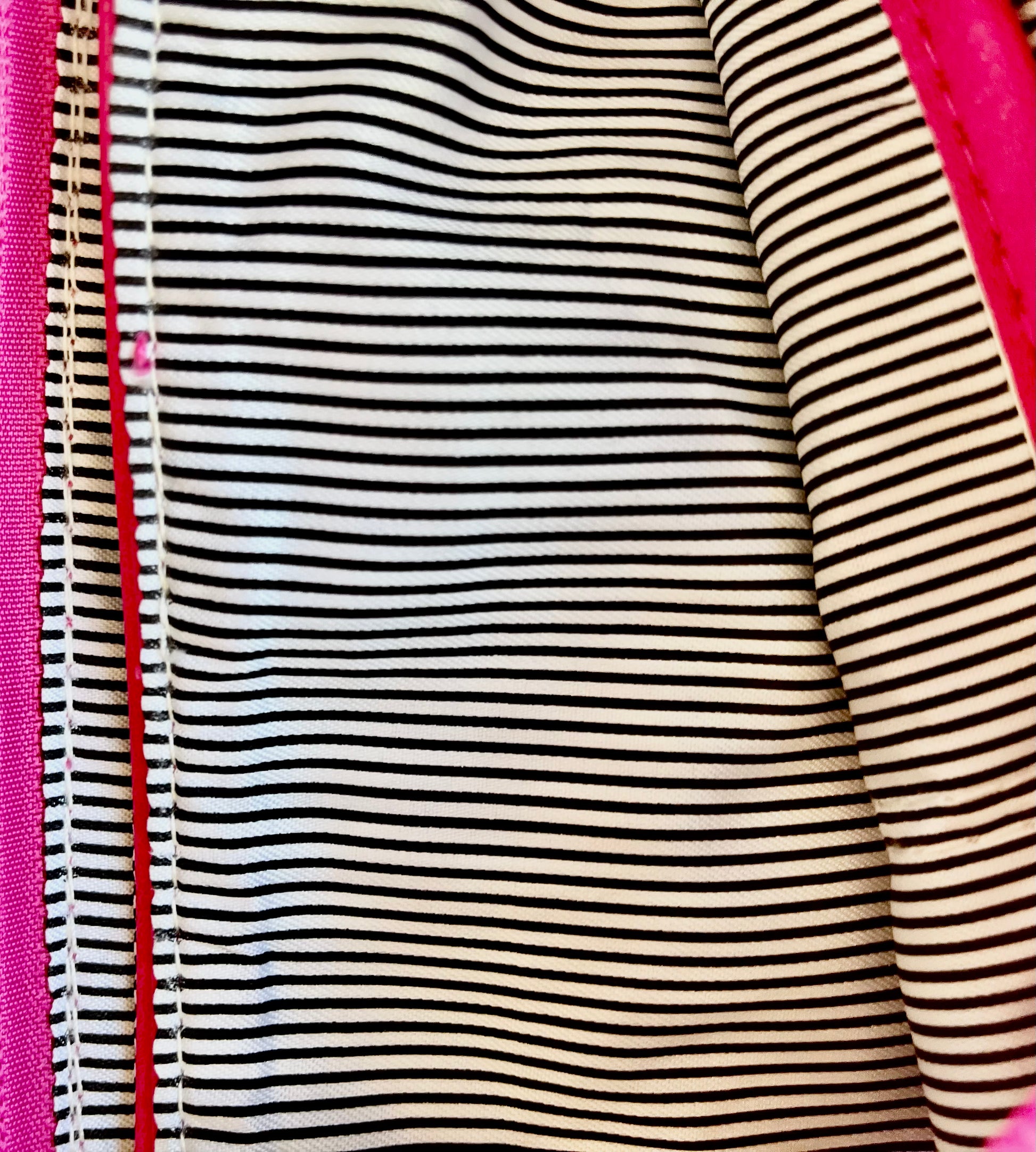 Interior of the Claire Flowers crossbody bag featuring blue and white pinstripe lining with one zippered pocket and two open slip pockets for organized storage of everyday essentials