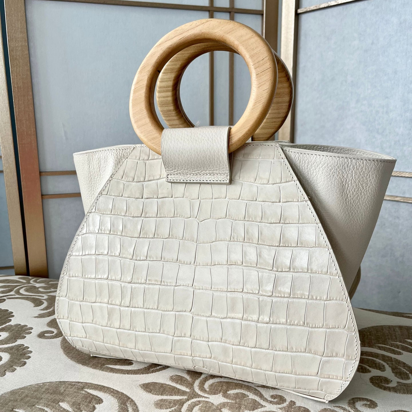 White Croc Embossed Leather Handbag